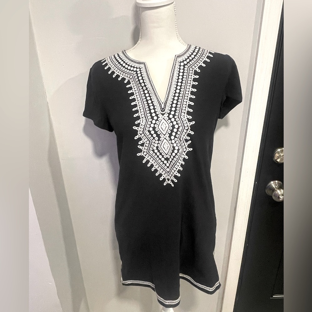Short Sleeve Embroidered Split V Neckline Tunic Style Cotton Bohemian Dress